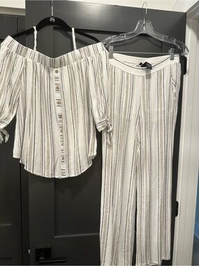 BCX Cream Striped Off-Shoulder Top & Wide-Leg Pants Set